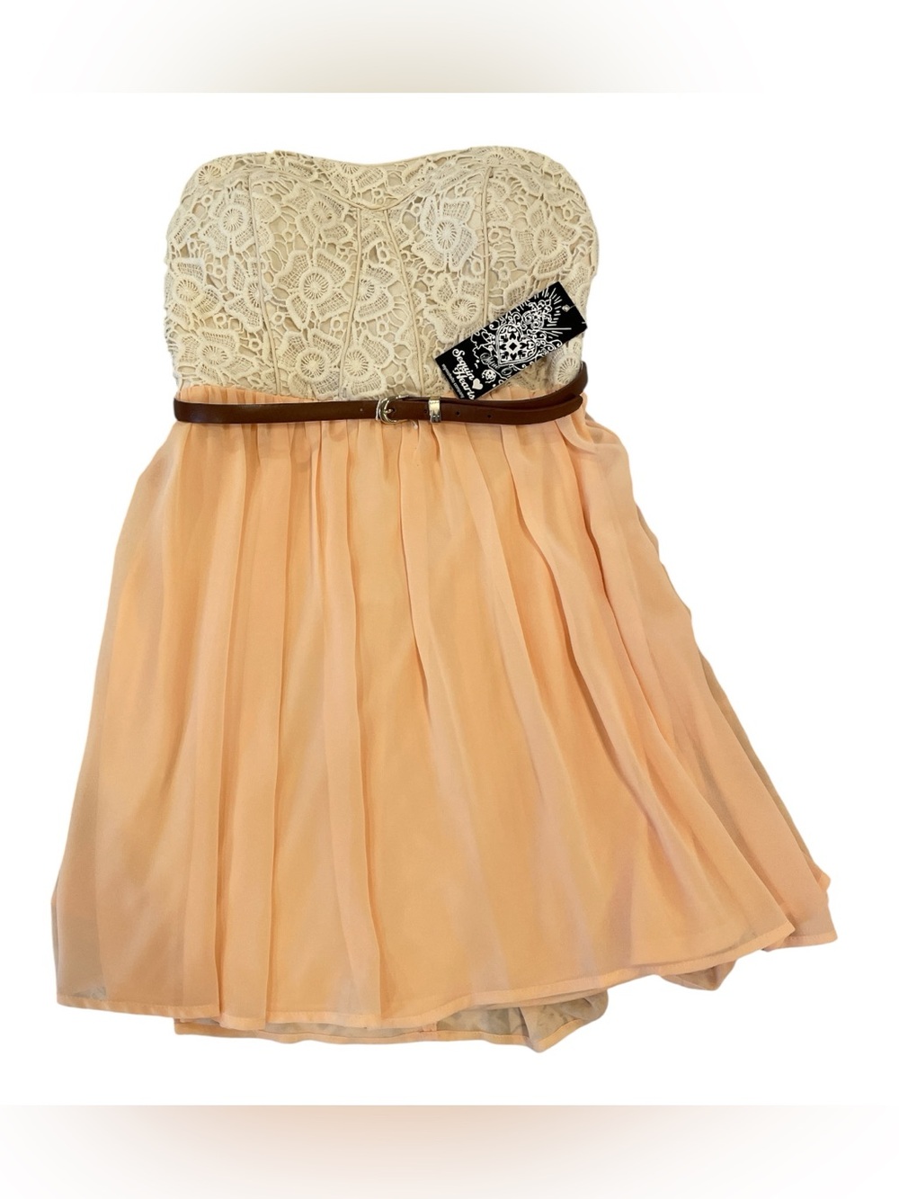 Sequin Hearts Strapless Dress Lace Bodice Chiffon Skirt Peach & Cream Size 7 NWT